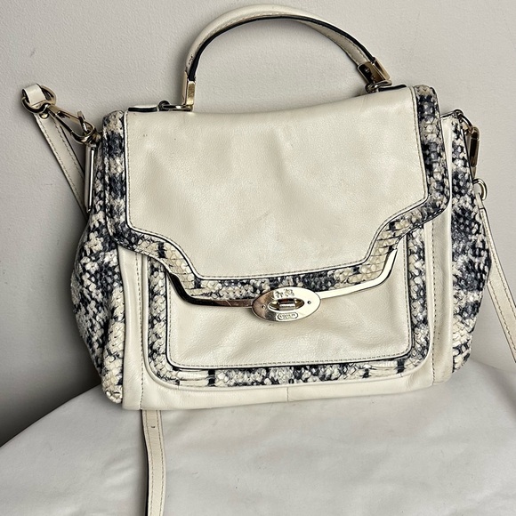 Coach White and Black Satchel with Snakeskin Accents - Picture 1 of 5